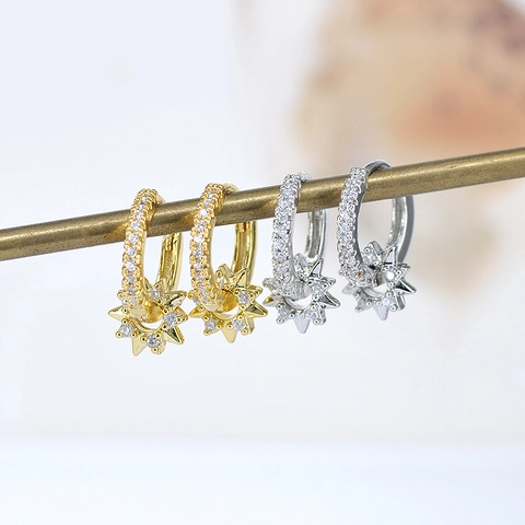 Orecchini a Cerchio Stella Lusso Francese per Donna Perno in Argento Sterling 925 Rame Strass Orecchini a Stella Pentagramma Rotante