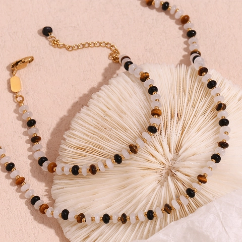 Fashion Stainless Steel 18K Gold Plated Tiger Eye White Stone Beaded Necklace Bracelet Jewelry Set For Women Niche Design Jewelry