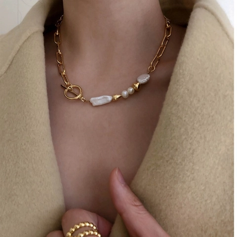 Artificial Baroque Pearl Splicing Gold Chain Necklace For Women French Vintage Style With Toggle Clasp Minimalist Jewelry