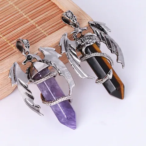 Collana Pendente Drago Avvolto Pilastro Cristallo Esagonale Rame Pietra Naturale Corda Cera Gioielli Gotici Fantasy Unisex
