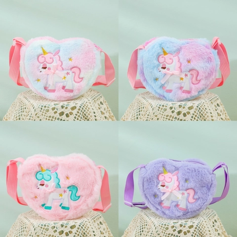 Sac À Bandoulière En Peluche En Forme De Cœur Pour Enfants Broderie Licorne Dessin Animé Cadeau Mignon
