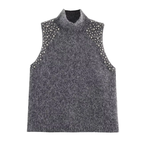 Dames Mouwloze Gebreide Top Met Strass Mock Neck Wolmix Elegante Feestvest Grijs Chique Zachte Pullover