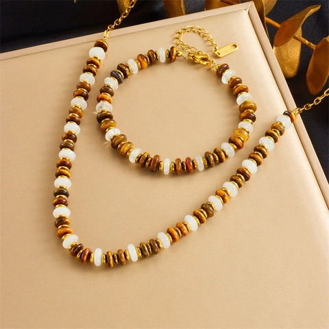 Retro Maillard Tiger Eye Style Resin Beaded Necklace And Bracelet For Women With Stainless Steel Chain Accessory