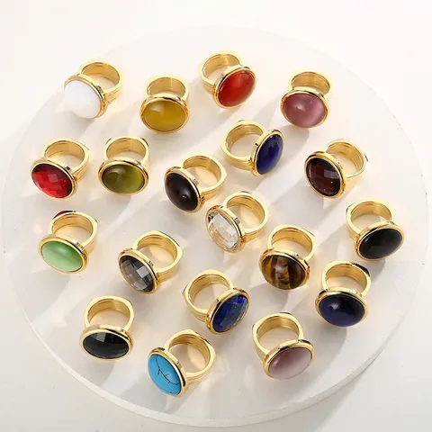 Damen Statement Ring Edelstahl Großer Runder Naturstein Tigerauge Türkis Katzenauge Kristall Luxus Mode Schmuck