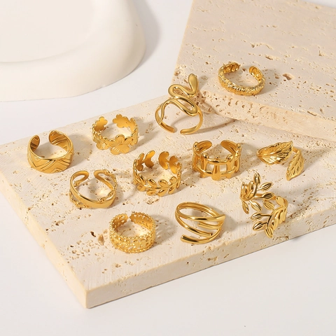 Adjustable Open Rings For Women Stainless Steel 18K Gold Plated Geometric Snake Leaf Flower Hollow Style Trendy Jewelry