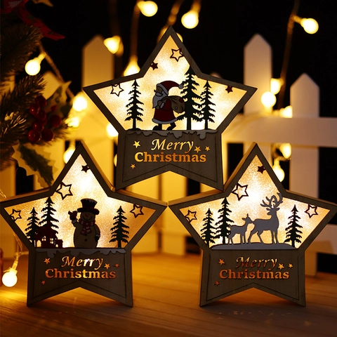 Christmas Wooden Star LED Light Ornament Luminous Hollow Santa Snowman Reindeer Desktop Decor Home Party Festive Gift