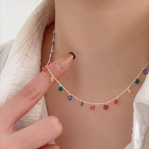 925 Sterling Silver Necklace With Faceted Colorful Zircon Beads Minimalist Geometric Chain Jewelry For Women