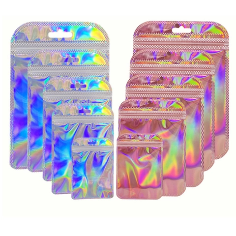 Sacchetti Zip Laser Olografici Imballaggio Gioielli Plastica Richiudibile Borsa Conservazione Con Foro Sospensione Splendore Metallico Colorato