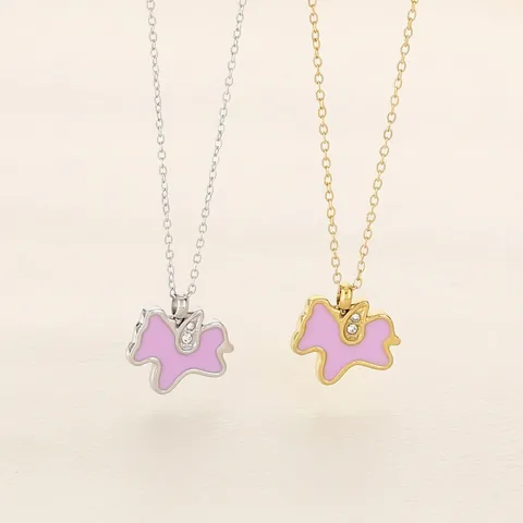 Unicorn Pendant Necklace Titanium Steel Pink Enamel Sparkling Rhinestone Animal Clavicle Chain Gift For Women Girls