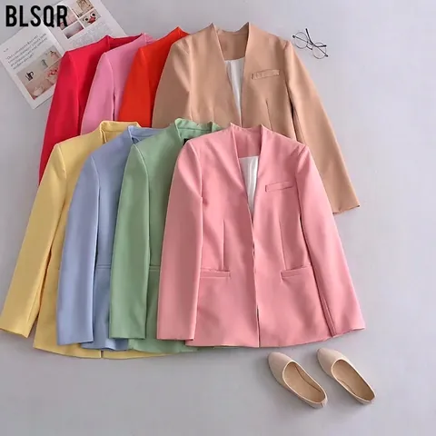 Women Blazer Collarless Open Front Long Sleeve Slim Fit Polyester Office Business Casual Jacket