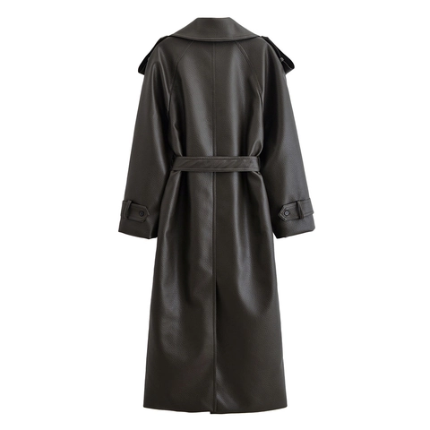 Dames Kunstlederen Trenchcoat Dubbele Rij Knopen Litchi Textuur Extra Lange Windjack Met Riem Elegant Bovenkleding