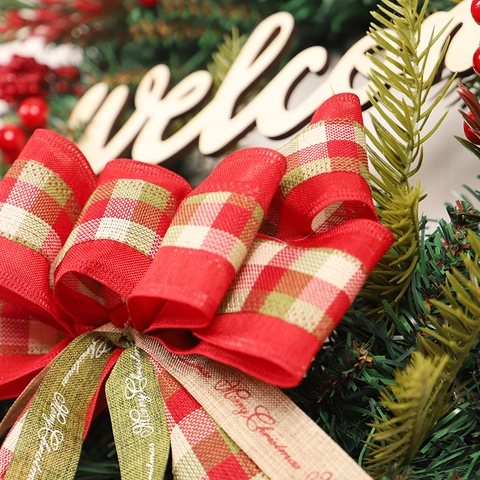 Christmas Wreath Artificial Pine Needle Red Berry Wooden Welcome Sign Plaid Bow Festive Front Door Hanging Decoration