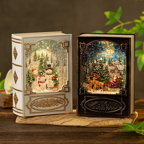 Weihnachts Schneekugel Laterne Spieluhr Retro Buchform Kunststoff LED Licht Rotierender Glitzer Festliche Tischdeko Geschenk