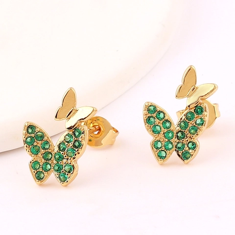 Vlinder Oorknopjes Smaragdgroen Zirkoon Micro Ingelegd Messing Verguld Trendy Elegante Sieraden Accessoires Voor Dames