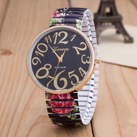 Orologio Al Quarzo Da Donna Stampa Floreale Rosa Cinturino In Metallo Elastico Cassa In Lega Numeri Arabici Casual Vintage
