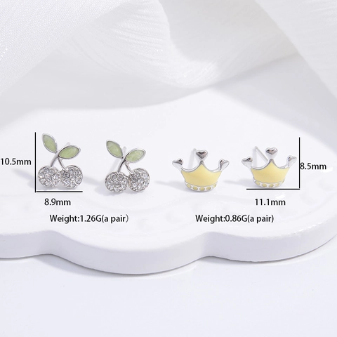S925 Sterling Silver Cute Cherry Carrot Stud Earrings Fresh Enamel Bow Heart Crown Zirconia Earring For Women Jewelry