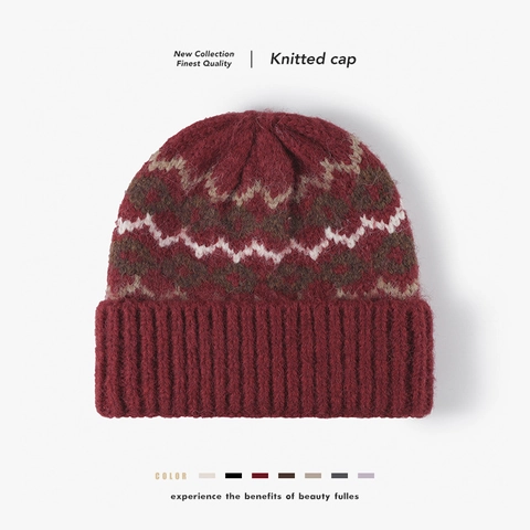 Bonnet En Laine Tricoté Hiver Chaud Épais Jacquard Motif Géométrique Style Nordique Extérieur Pour Femmes