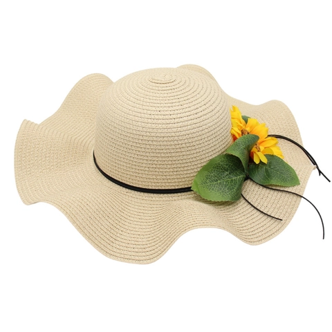 Women Straw Sun Hat Wide Wavy Brim Sunflower Decor Summer Beach Vacation Holiday Breathable