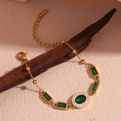 Bracelet En Zircon Vert Émeraude Vintage Acier Inoxydable Plaqué Or 18K Bijoux Réglables Pour Femmes Style Rétro Luxe