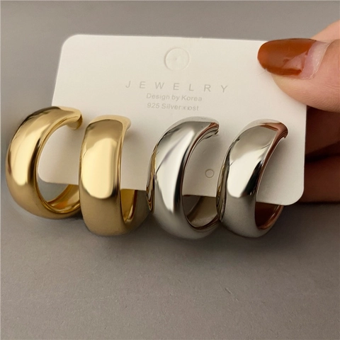 Chunky C-Shaped Hoop Earrings With 925 Sterling Silver Earring Post High Polish Minimalist Metal Jewelry For Women