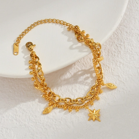Pulsera de Doble Capa de Octagrama de Acero Inoxidable para Mujer Colgante de Rombo Geométrico Chapado en Oro Joyería Regalo