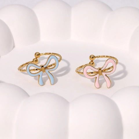 Bow Knot Adjustable Ring Gold Plated Stainless Steel Enamel Drip Oil Twisted Rope Band Sweet Fashion Jewelry For Women