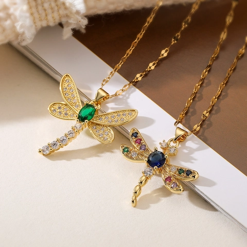 Collana Con Ciondolo A Libellula Rame Placcato Oro Zircone Colorato Forma Animale Lusso Leggero Catena Clavicola Gioielli Donna