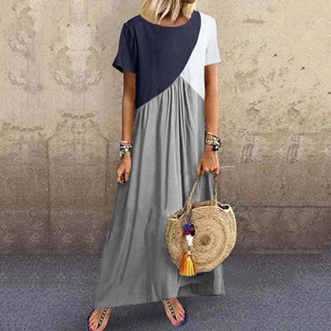 Γυναικείο Casual Geometriko Colorblock Patchwork Kontomanyko Maxi Forema Megalo Megethos Xalaro Makry Forema Kompsi Endymasia Paralias
