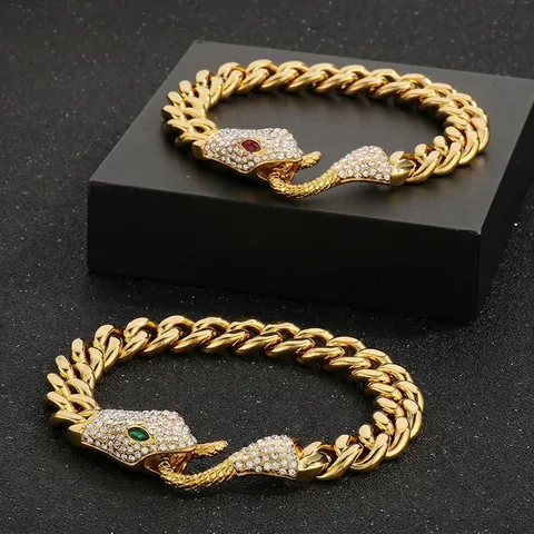 Hip Hop Men Stainless Steel Cuban Chain Bracelet Pave Zircon Snake Head Punk Jewelry With Green Red Gemstone Eyes
