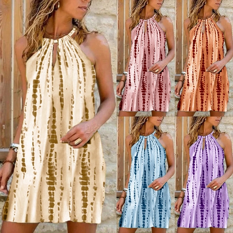 Damen Neckholder Ärmelloses Bedrucktes Kleid Batik Lässig A-Linien Mini Kleid Sommer Mode Streetwear Individuelles Outfit