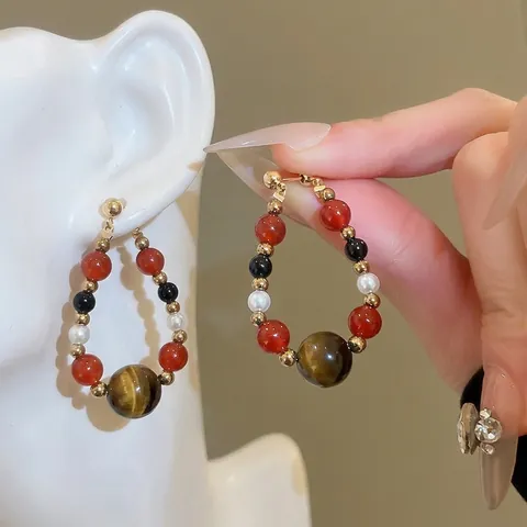 Orecchini A Cerchio Con Perline Vintage Con Occhio Di Tigre Agata Ematite Perla Artificial E Perno In Argento Gioielli Etnici