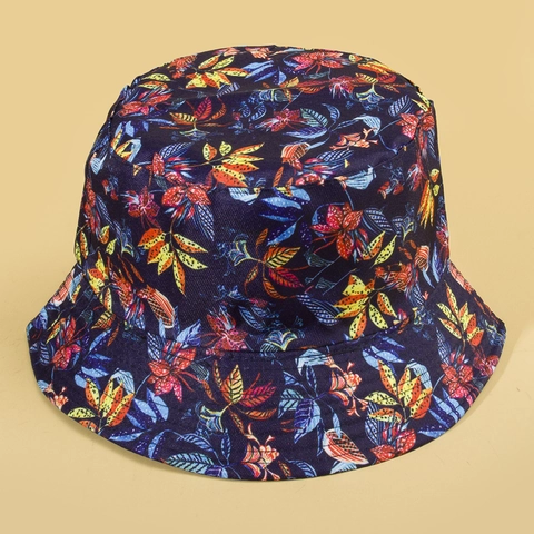 Reversible Bucket Hat Polyester Colorful Leaf Print Foldable Double Sided Sun Protection Summer Outdoor Tropical Travel