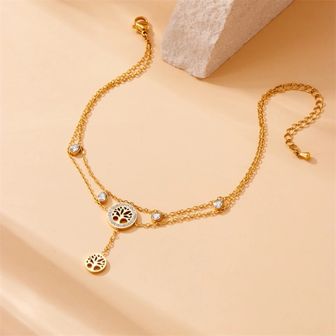 Double Layer Anklet Stainless Steel Tree Of Life Star Moon Butterfly Zircon Gold Plated Foot Jewelry For Women