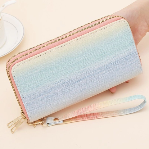 Portafoglio Lungo Da Donna Sfumato In Pelle PU Grande Capacità Pochette Con Doppia Cerniera E Cinturino