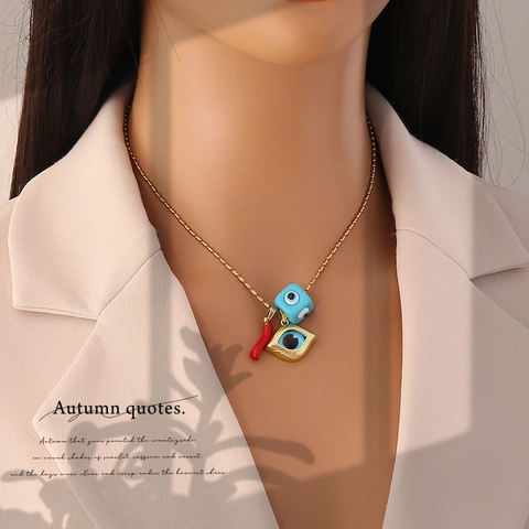 Evil Eye Pendant Necklace Chili Dice Feather Heart Charms Copper Stainless Steel Gold Plated Vintage Jewelry For Women