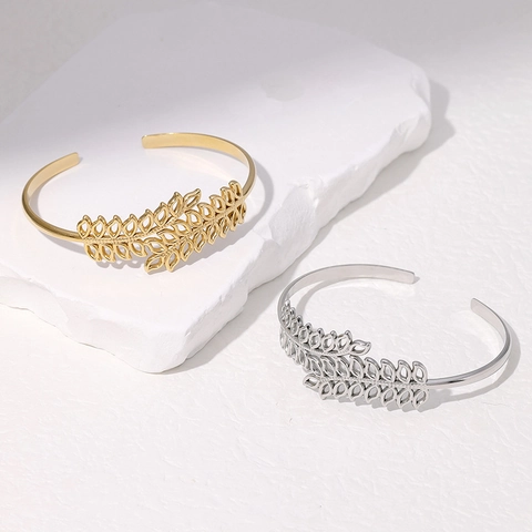 Brazalete Abierto De Hoja Hueca Acero Inoxidable Ajustable Inspirado En La Naturaleza Joyas De Moda Para Mujeres