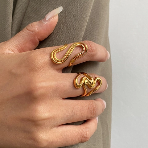 Edelstahl Ringe Für Damen Abstrakt Welle Flüssige Linie Verstellbar Offen Geometrisch Nische Design Wasserdicht Minimalistisch