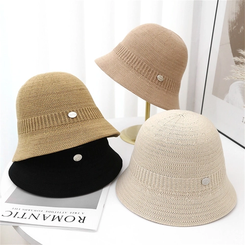 Chapeau Bob En Tricot Femmes Chic Respirant Rayé Pare-soleil Polyester Souple Décontracté Extérieur Vintage Décor Métal