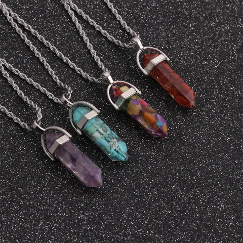 Hexagonal Pillar Pendant Necklace Natural Gemstone Crystal Point Bullet Alloy Stainless Steel Twisted Chain Healing