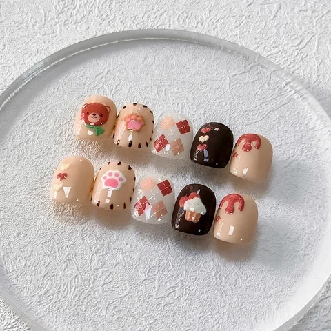 5D Embossed Nail Stickers Bear Ice Cream Hearts Kawaii Cartoon Relief DIY Decorative Decals For Women Girls