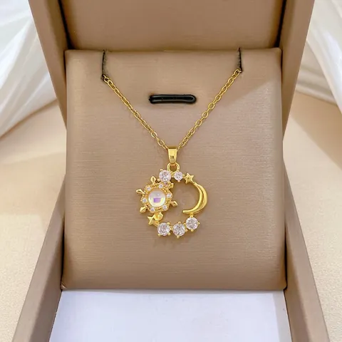 Collana Pendente Sole Luna Stella Acciaio Inossidabile Placcato Oro Celeste Zirconia Cubica Finto Opale Catena Clavicola Donne