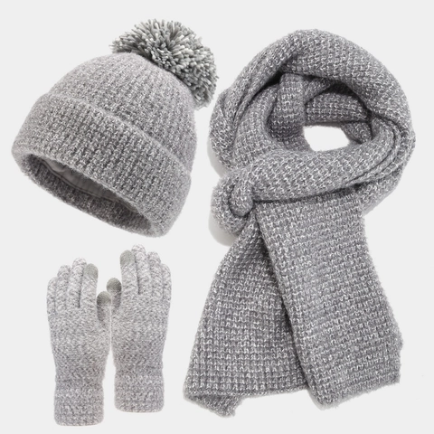 Women Winter Knit Beanie Hat Long Scarf And Touchscreen Gloves Pom Pom Thick Warm Outdoor Accessory Casual Satin Lining