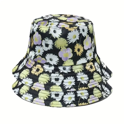 Sunflower Floral Print Bucket Hat Polyester Wide Brim Sun Protection Outdoor Casual Fashion Travel Cap For Women Men