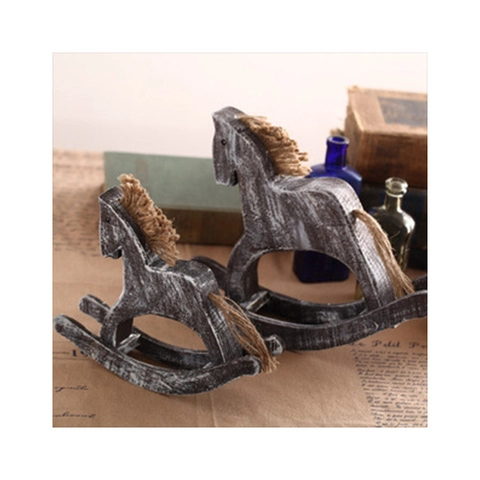 Vintage Rocking Horse Ornaments Handcrafted Solid Wood Distressed Shabby Chic Desktop Decor With Hemp Rope Mane Tail