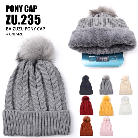 Gorro Beanie Mujer Con Pompon De Piel Sintetica Punto Color Solido Calido Forro Polar Invierno Exterior Trenzado