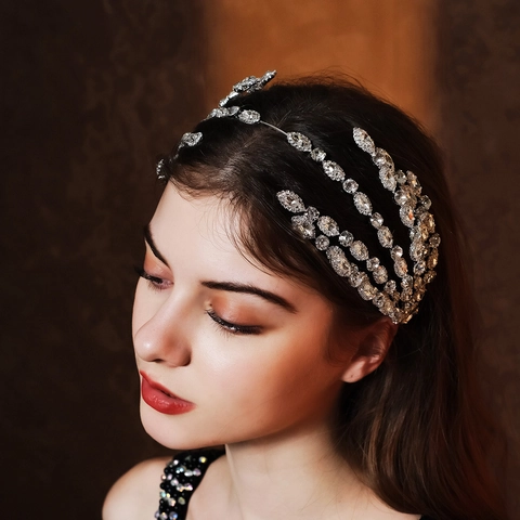 Luxury Silver Rhinestone Bridal Headband Wedding Branch Leaf Hair Accessory Banquet Party Crown Headpiece For Women