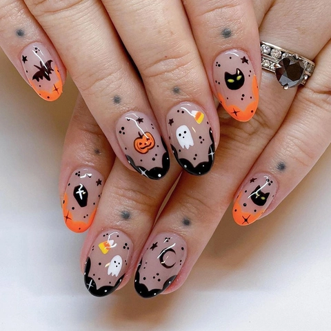 Unghie Finte Halloween Ovali In Plastica Disegni Zucca Fantasma Lucidi Manicure Per Donne Ragazze Festa
