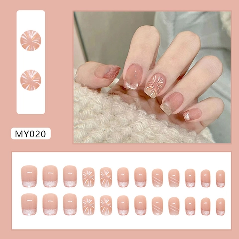 Faux Ongles Courts Carrés Style Ballet Rose Nude Transparent Œil De Chat Paillettes Français Motifs Feux D'artifice