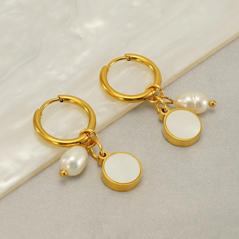 Pendientes De Aro De Acero Inoxidable Bañados En Oro De 18K Con Perla Artificial Natural Y Colgantes De Concha Redonda Blanca Joyas Mujer