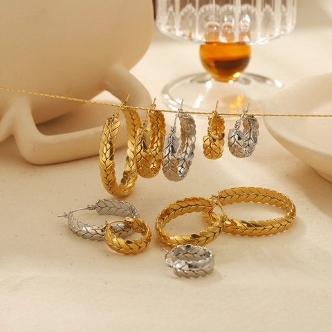 Stainless Steel Hoop Earrings With Wheat Ear Texture 18K Gold Plated Braided Chunky Minimalist Jewelry For Women